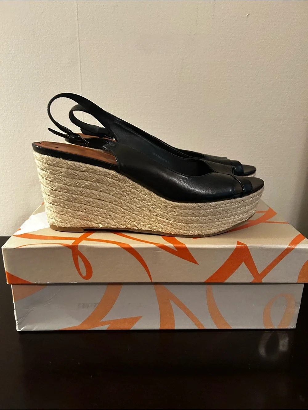Via Spiga Black Leather Platform Espadrille Wedge Sandal, 8.5, Like NWT